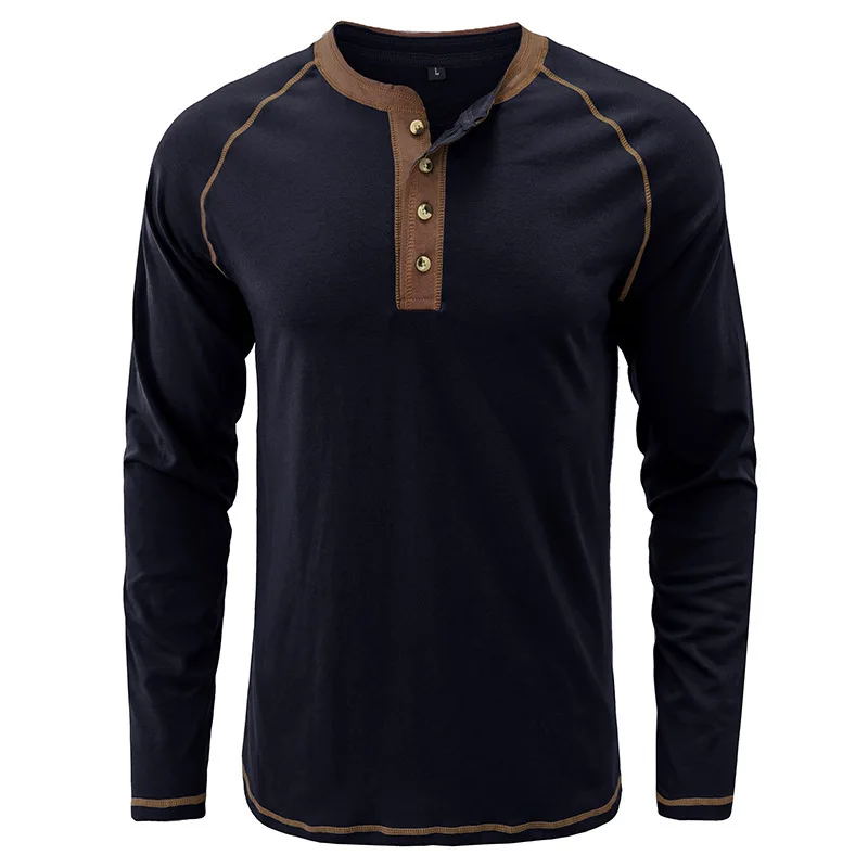 

New T Shirt Men Long Sleeve Henley Collar Solid Color Tee Tops Mens Casual Slim Fit Tshirts Men White Black Gray Tees Daily Wear