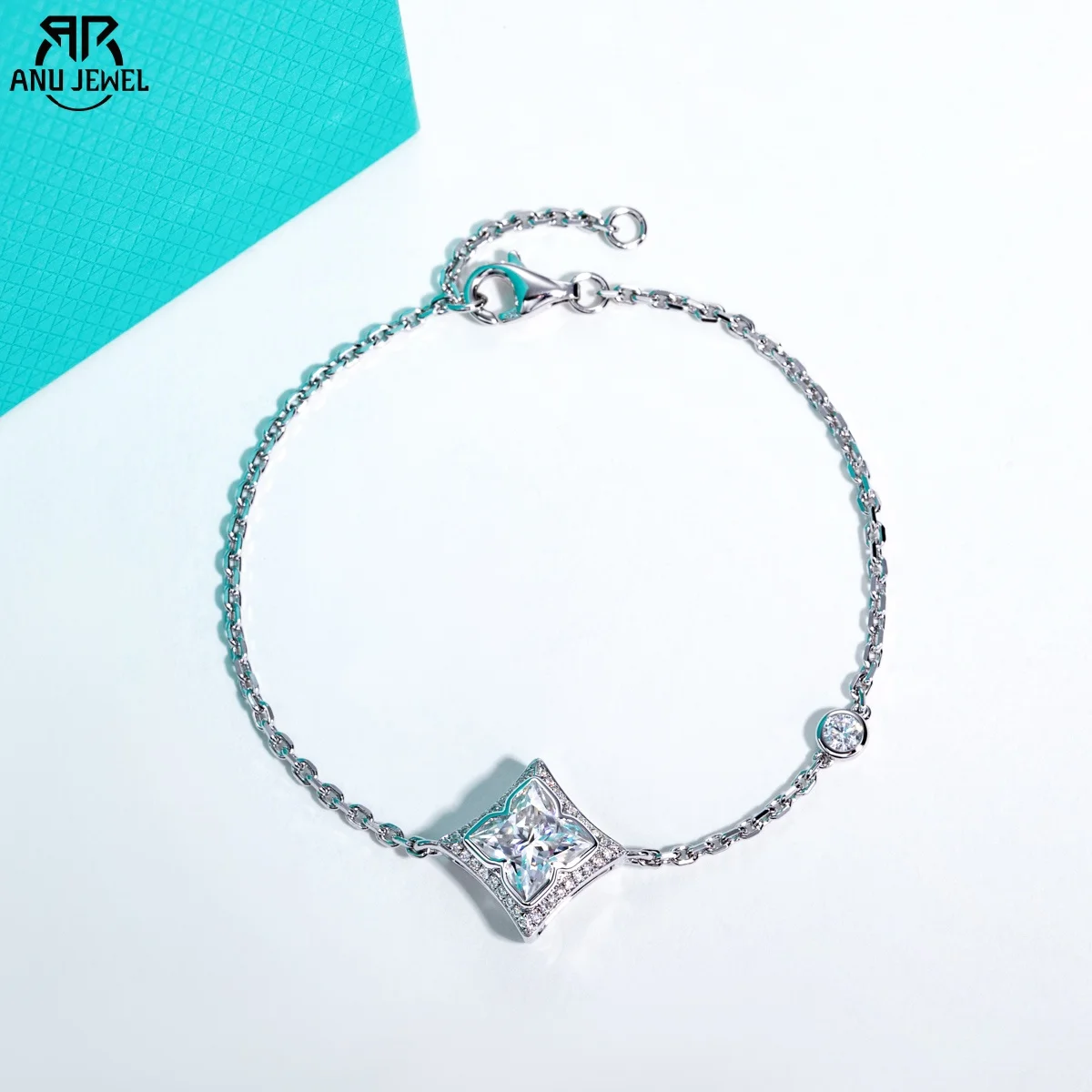 AnuJewel 2ct (7x7mm) Four-Leaf Clover Cut Moissanite Princess Bracelet 925 Sterling Silver 16+2cm Bracelets for Women Jewelry