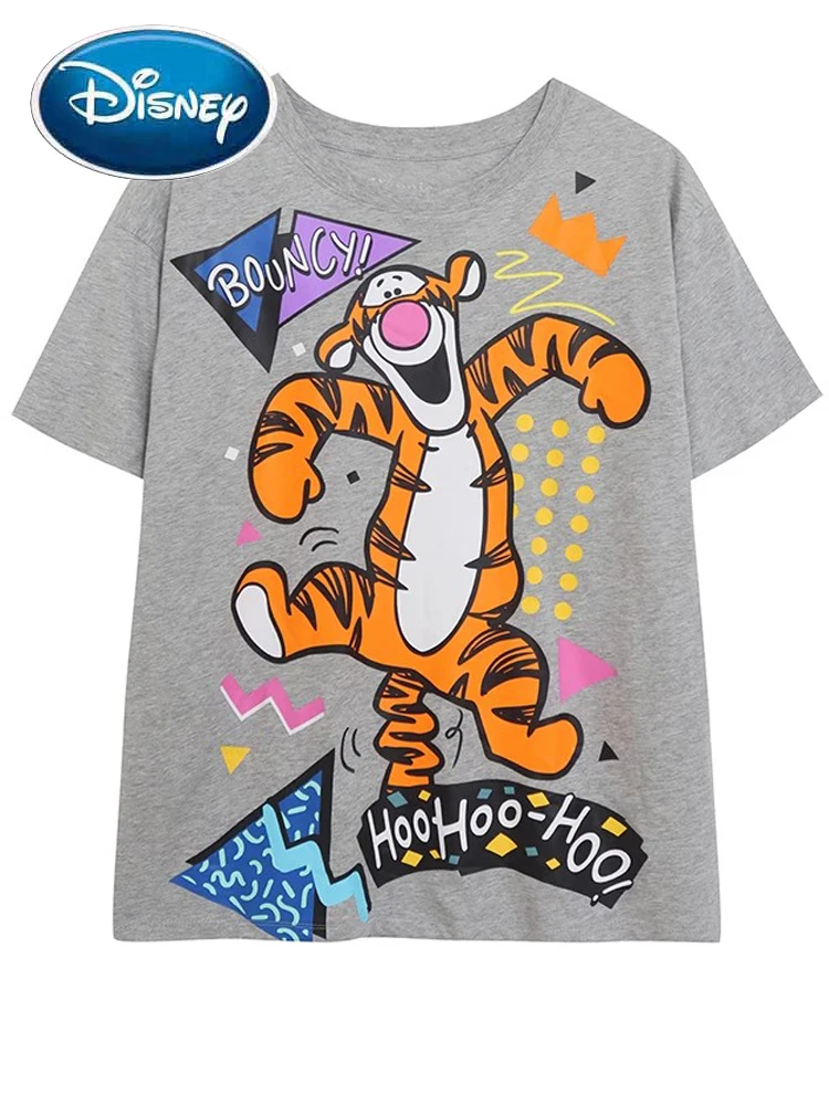 Disney T-Shirt Winnie the Pooh Bear Tigger Letter Cartoon Print Fashion Women O-Neck Pullover Short Sleeve Tee Tops Female Gray