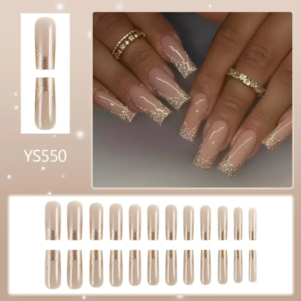 24Pcs Glitters Press On Nails Acrylic False Nails French Styles Stick on Nails Artificial Nails for Various Occasion - Detail 1