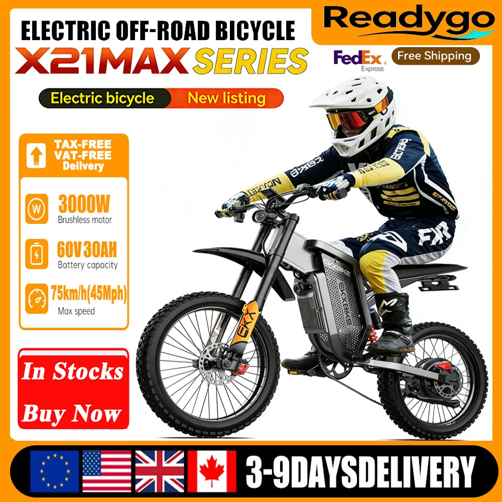 

Readygo EKX X21 Max 3000W Electric Dirt Bike, 60V 30Ah Battery 85km/h Adult Off-Road E-Bike Brushless Motor Electric Motorcycle