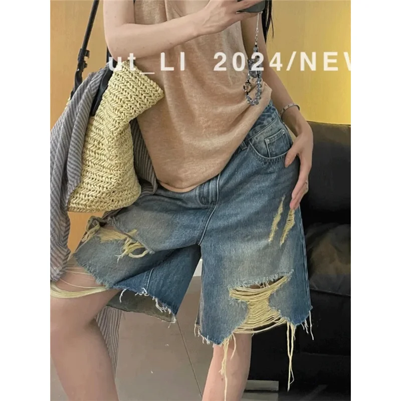 

Blue Womens Shorts Jeans High Waist Straight Y2K Ripped Short Pants Streetwear Vintage Female Wide Leg Denim Five Points Trouser