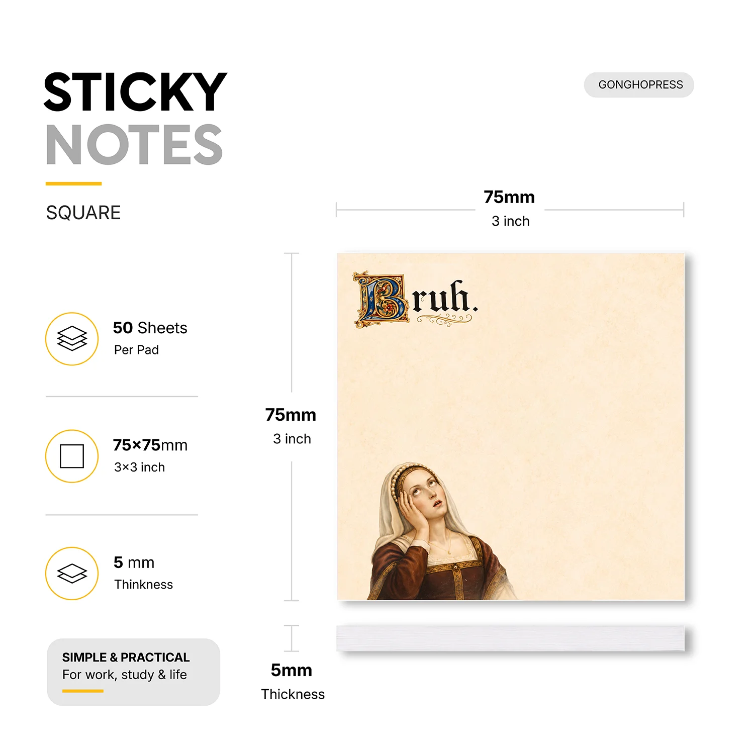 2 pcs Vintage Art Sticky Notes, 100 Sheets Total, Funny Self-Stick Memo Pads, Retro Painting Design, Removable Adhesive Notes