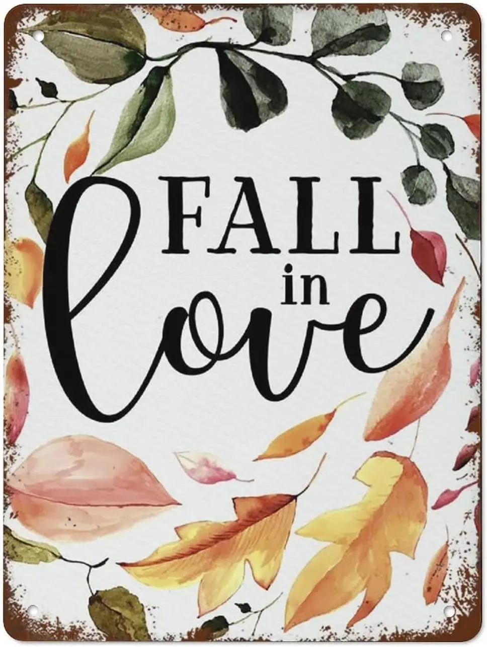 Funny Vintage Tin Metal Sign Fall in Love Quote Autumn Wall Art Fall Quote Autumn Fall Watercolor Print 16x12 Inch for