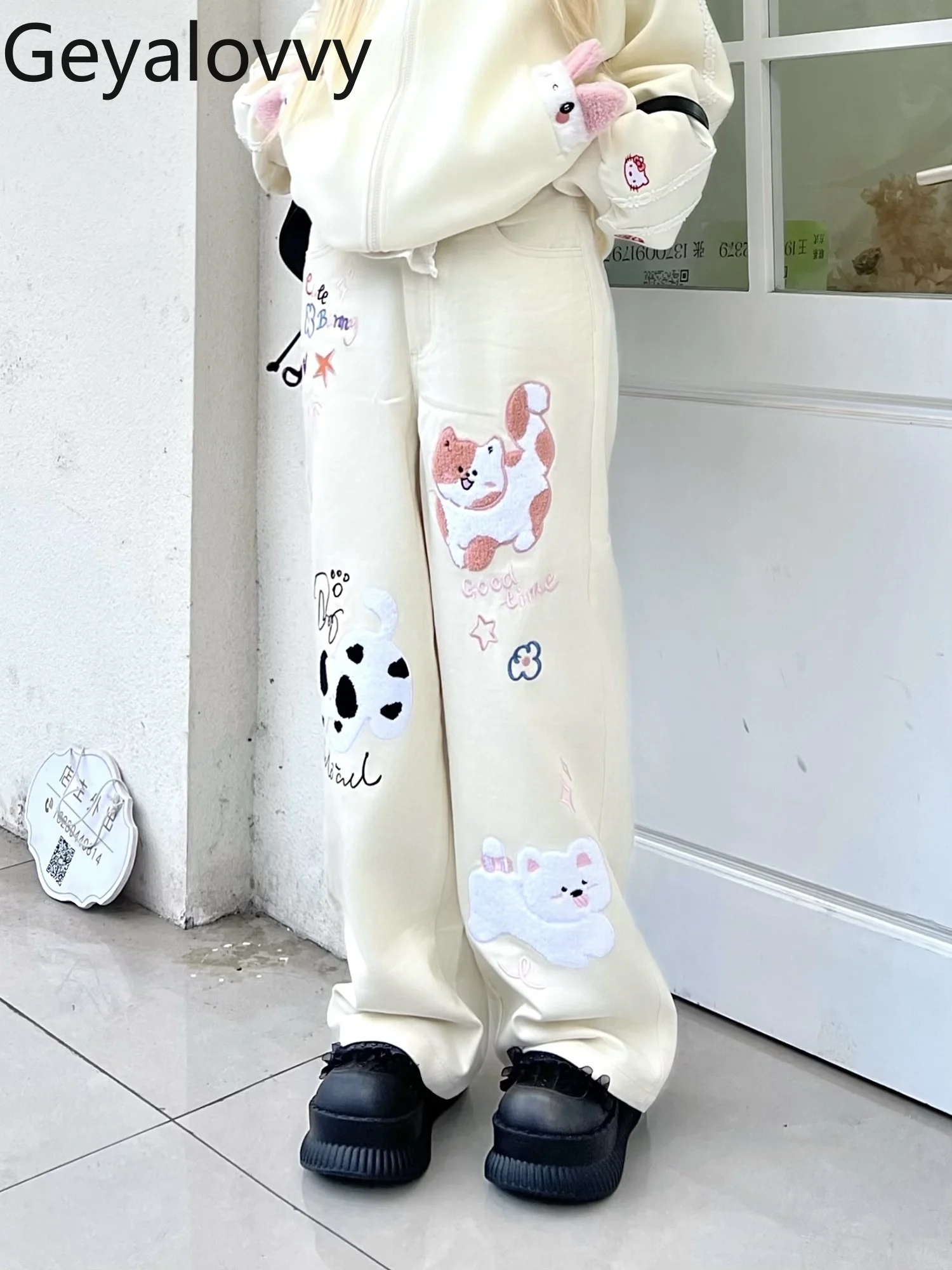 Vintage dos desenhos animados bordado cintura alta jeans retos para mulheres doce bonito primavera solto emagrecimento versátil casual calças de perna larga