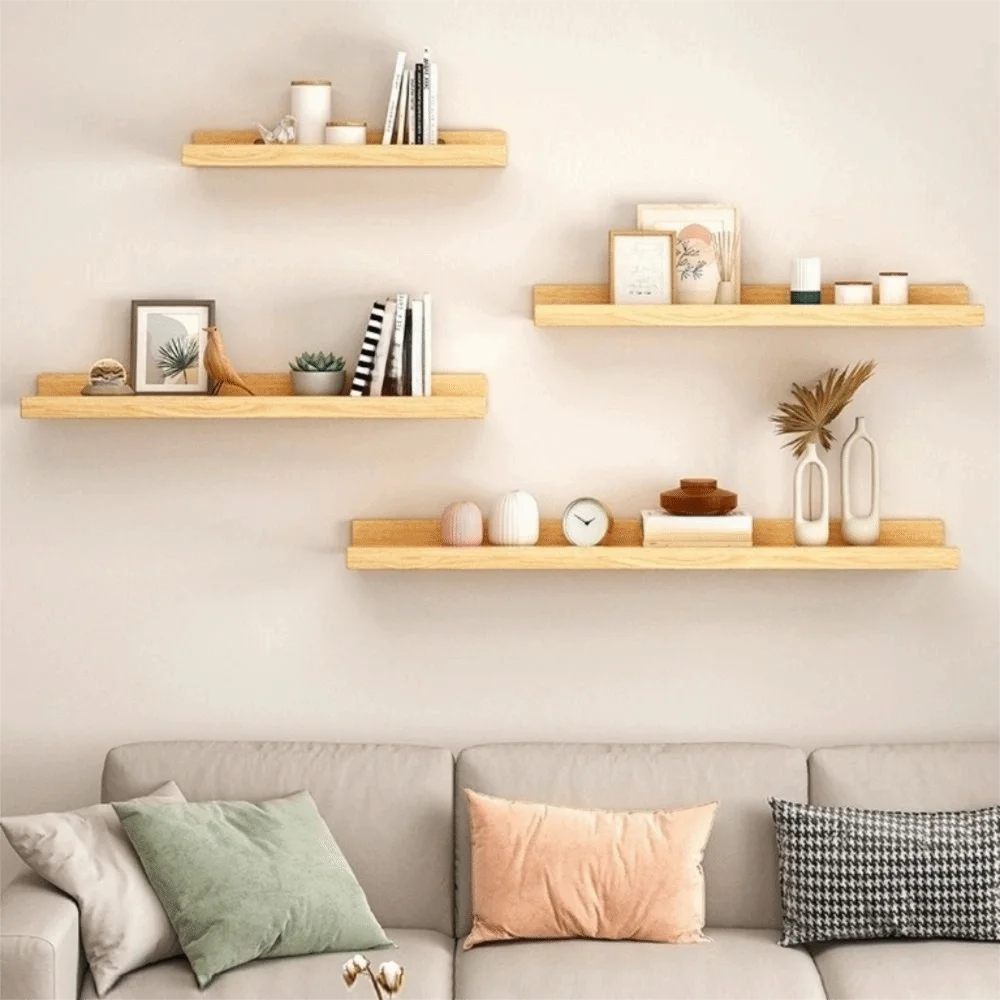 

Space Saving Wooden Floating Shelf Decorative Rustic Wall Mounted Storage Rack Minimalist Style Bookshelf Organizer Home Decor