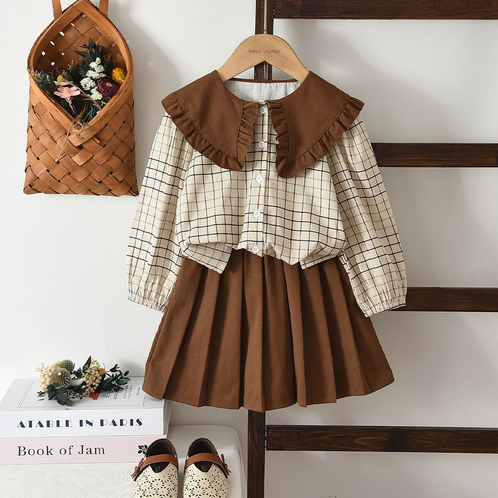 Sweet and Cute Lapel Plaid Top+pleated Skirt Two-piece Set for Girls To Go Out and Wear Korean Version Autumn and Winter New