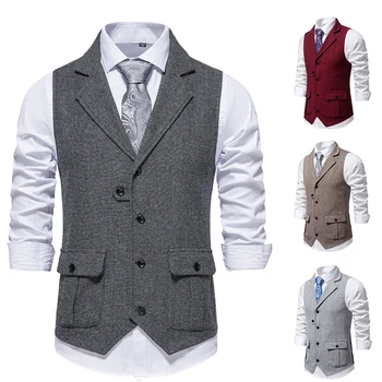 メンズレトロヘリンボーンツイードスーツベスト,折り襟,スリムなチョッキ,フォーマルなビジネスカジュアルベスト,8色,メンズ
