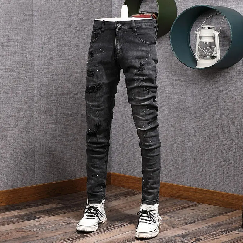 Street Fashion Men Jeans Retro Black Gray Stretch Slim Fit Ripped Jeans Men Elastic Vintage Designer Hip Hop Denim Pants Hombre