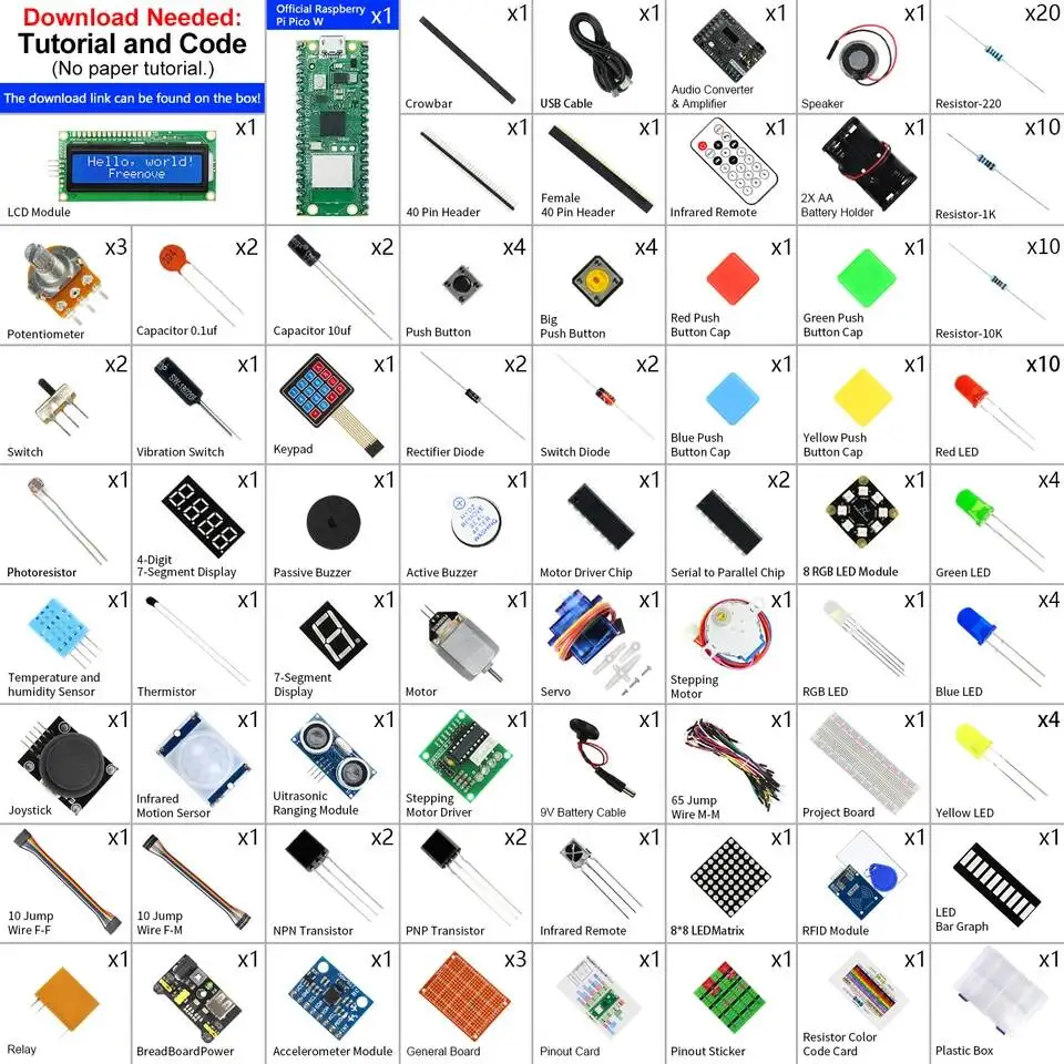 Freenove Ultimate Starter Kit For Raspberry Pi Pico 1 2 W, 767-Page Tutorial, 220 Items, 119 Projects, Python C Java Code