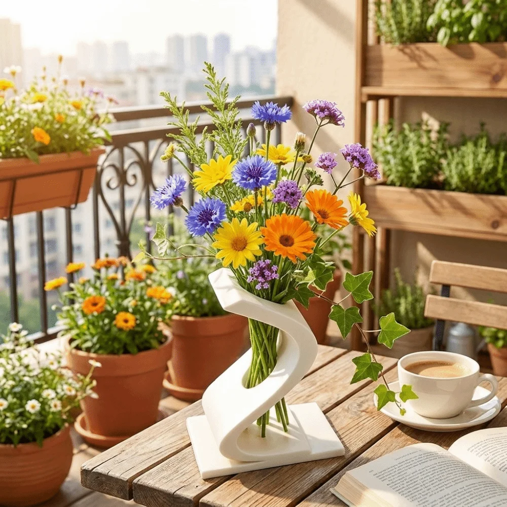 3D Printed S-shaped Twisted Vase Geometric Art Minimalist Flower Bouquet Holder Hollow Out Plastic Flower Ware Living Room