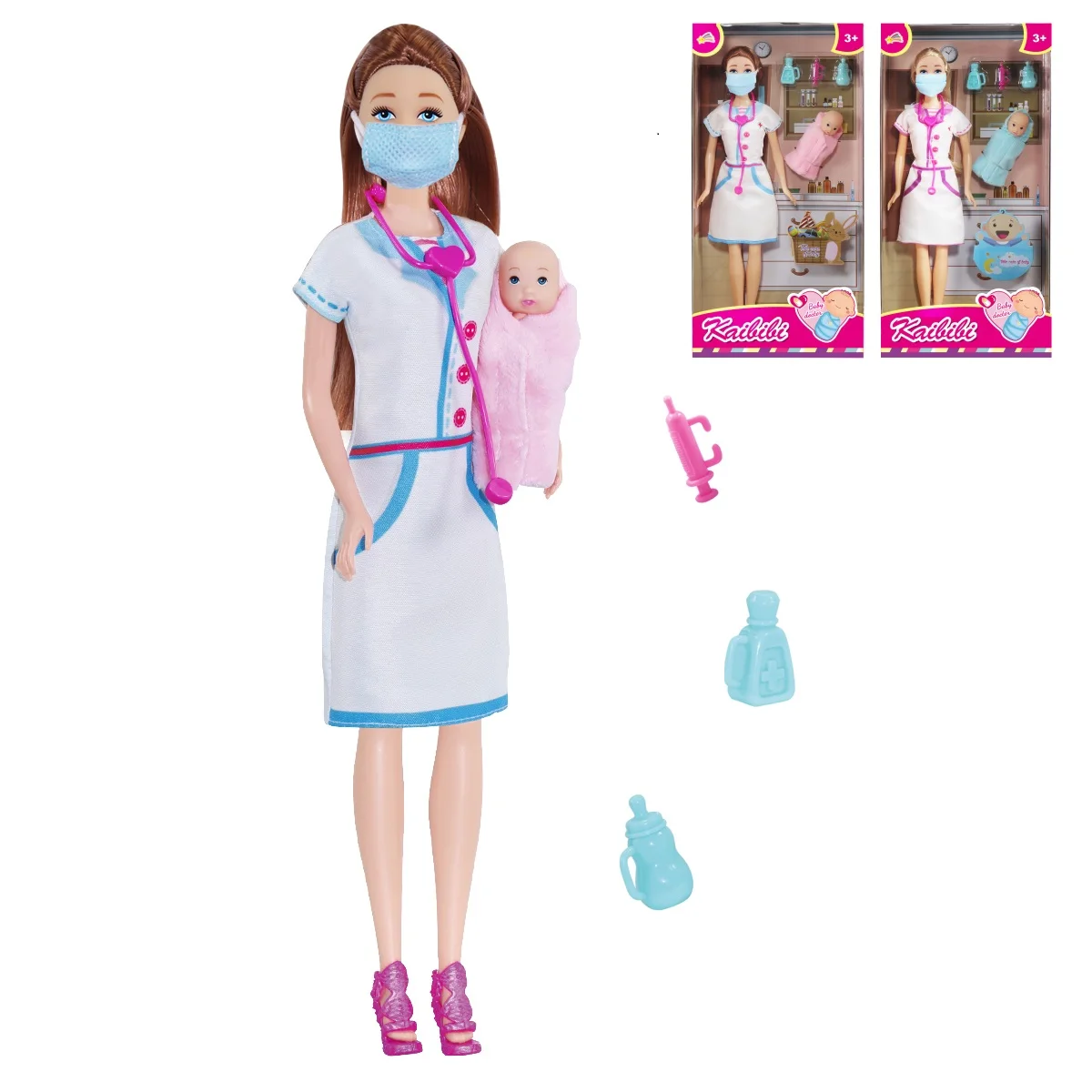 2Pcs Nurse Doll Baby Pacifier Bottle Accessories 11.8Inch Fashion Educational Dolls Dress up Girl Toy for Birthday Holiday Gift