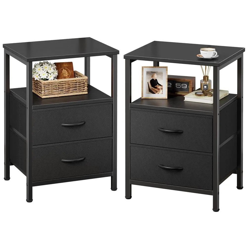 

Комплект из 2 прикроватных тумбочек, прикроватная тумба с 2 ящиками, прикроватный столик с открытой полкой, деревянная столешница, тумба-столик, тканевые ящики, для спальни