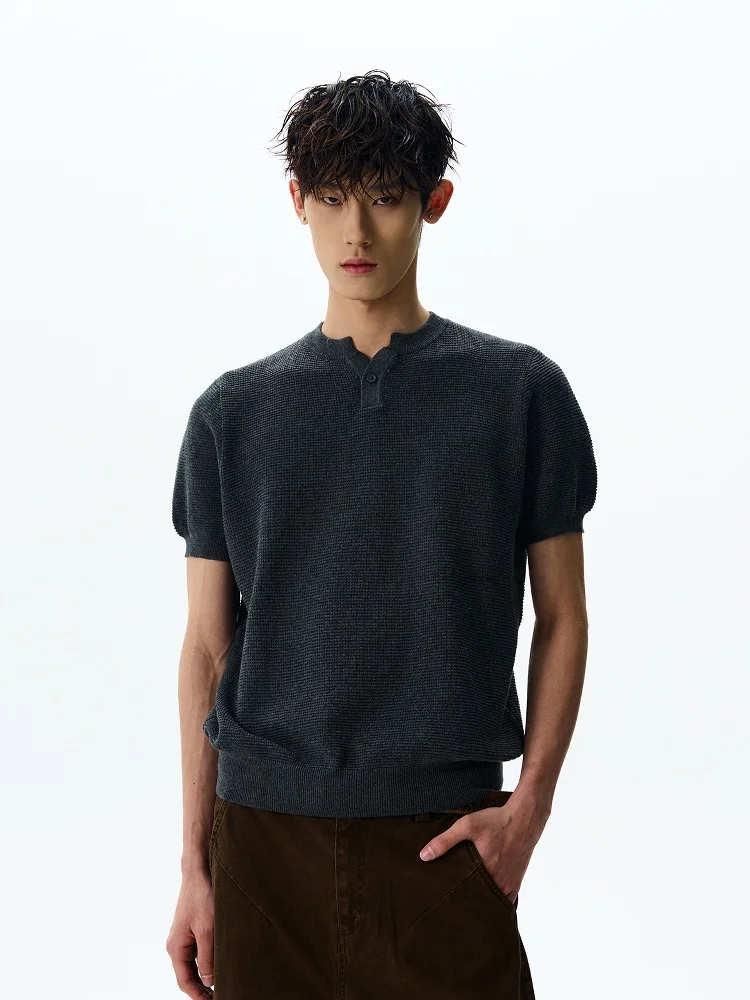 

Американская ретро-футболка с коротким рукавом, вязаная, с воротником хенли, высокого качества, универсальная, облегающая, повседневная, летняя