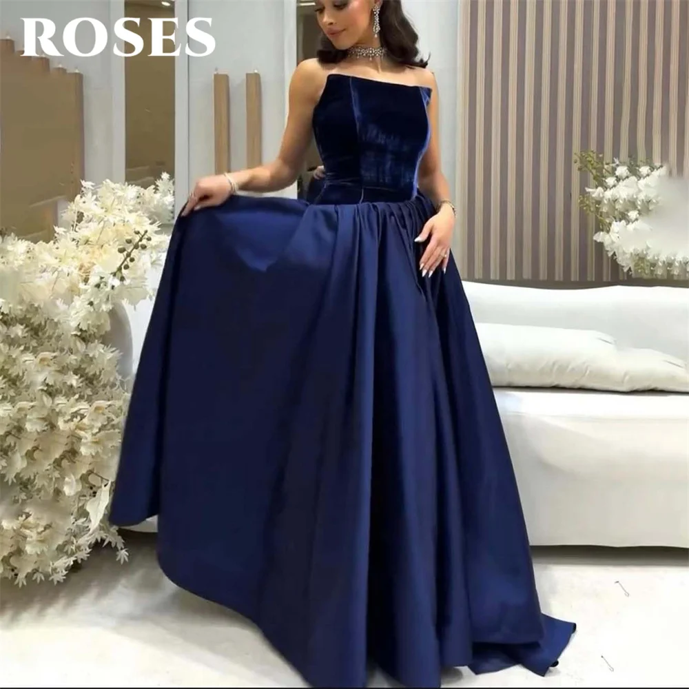 

ROSES Navy Blue Strapless Prom Dress A-Line Stain Party Gown Sleeveless Pleats Party Dresses for Woman robe de bal Customized