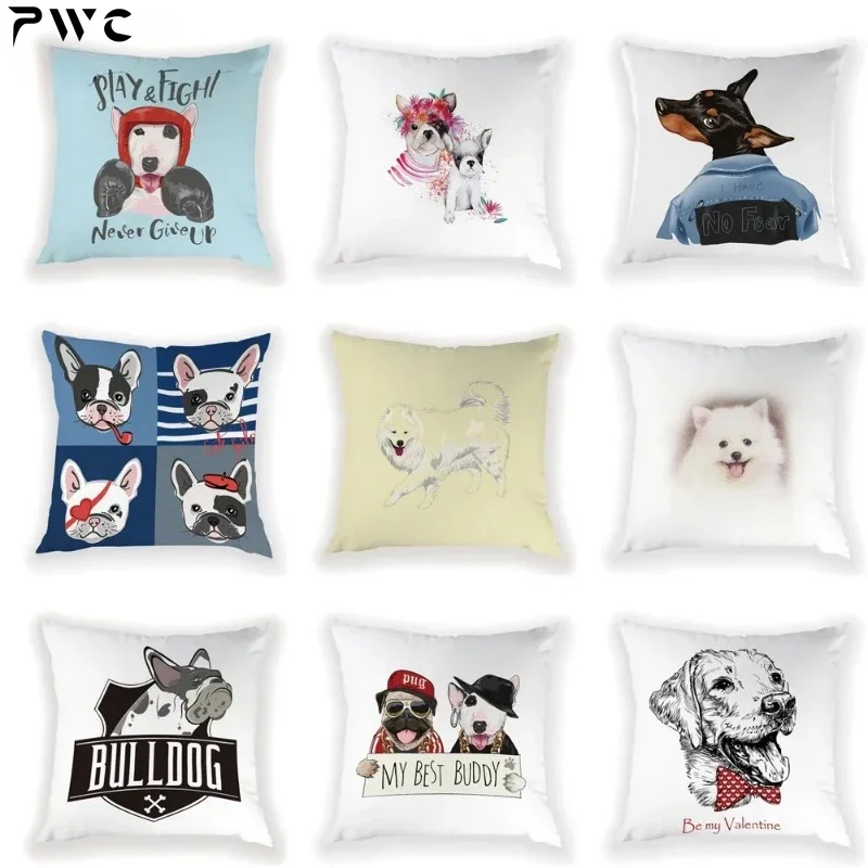 Cartoon Dog Pillow Case Lovely Boston Bull Terrier Boxer Dog Cushion Cover Cute Pug Home Decor Sofa White Cushions Cases Cojin