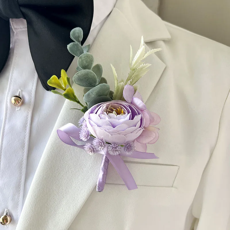 Boutonniere masculino, acessórios de baile de casamento, rosas roxas, flores artificiais, festa de formatura, cerimônia, decoração de terno