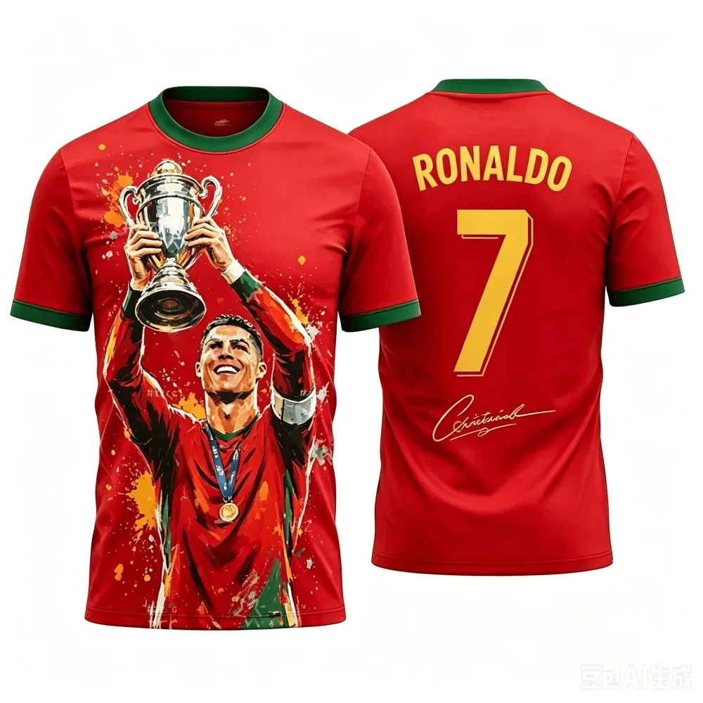 2026 Neues Cristiano Ronaldo Sommer 3D Modisches Atmungsaktives Fußballtrikot Kinder-T-Shirt, Geeignet für den täglichen Outdoor-Bereich