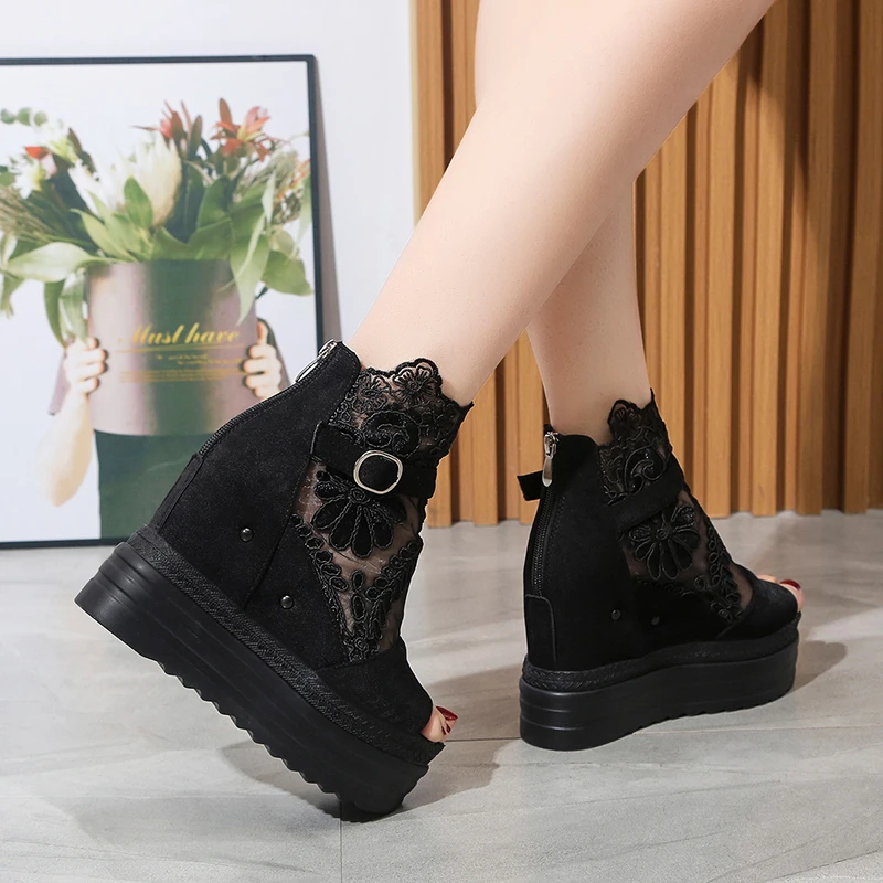 Summer Crystals Buckle Platform Sandals Women Cool ZIP Boots 10cm Wedges Heel Height Increasing Peep Toe Lace breathable Shoes