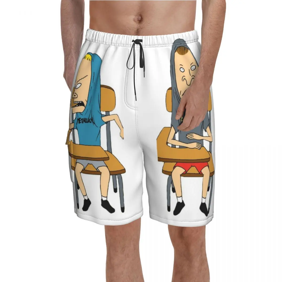 Beavis And Butthead At Desk Board Shorts Cartoon Beach Short Pants Drawstring Funny Customs Swimming Trunks Plus Size