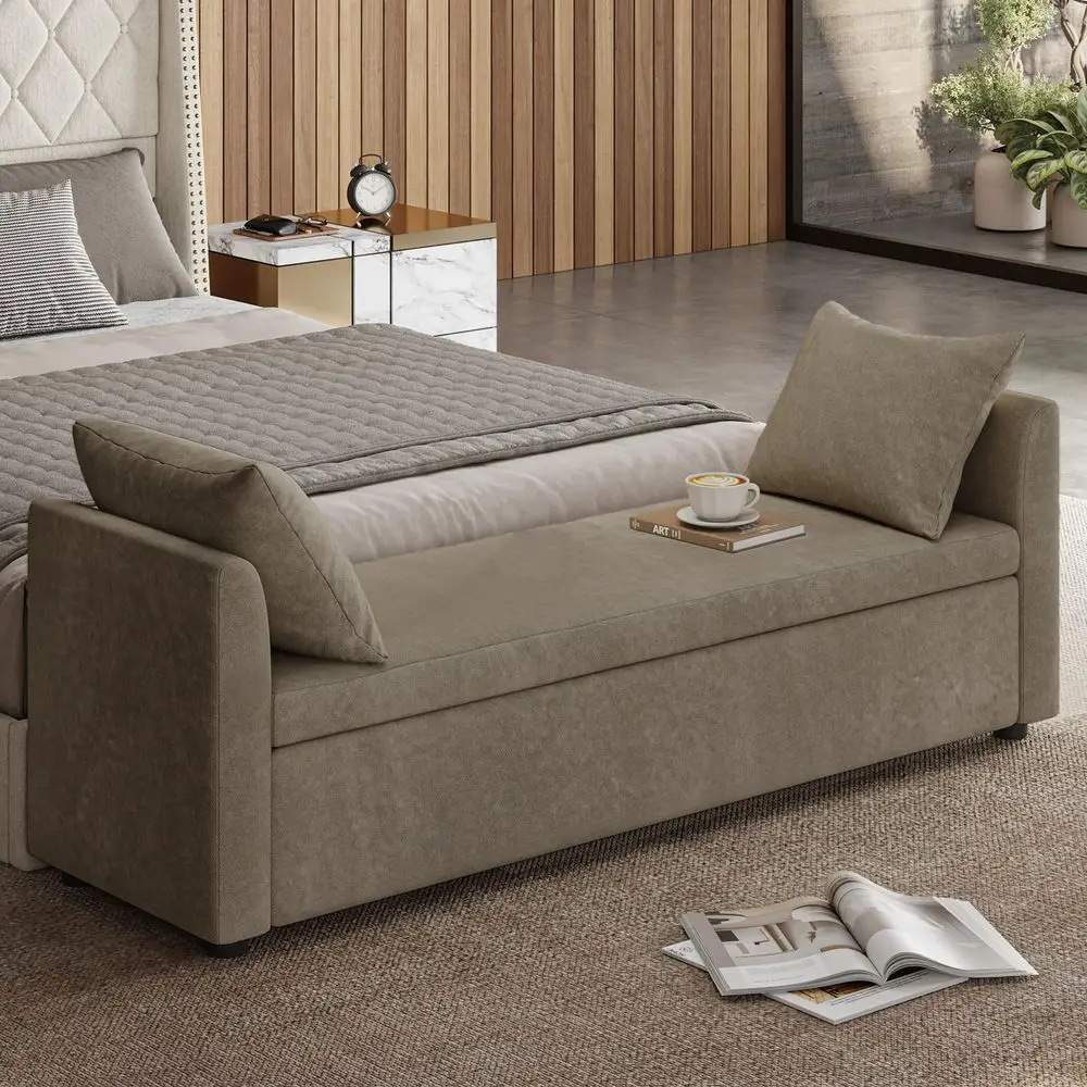 Modern Storage Ottoman Bedroom Bench, End of Bed Bench with Throw Pillows and Arms, Footrest Stool for Living Room, Dining Room
