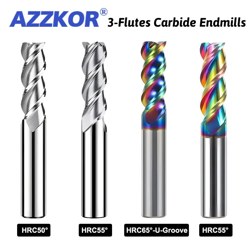 AZZKOR CNC Machine Machining Milling Cutter HRC50/55/65 1.0-20.0mm 3-Flute Carbide Flat End Mills For Aluminum Parts Processing