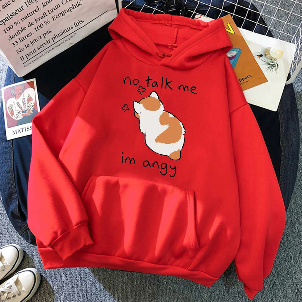 Cute Angry Cat Print Women Hoody Hip Hop Soft Sweatshirt Casual Fleece Sweatshirt Oversize Fleece Women Streetwear No Talk Me