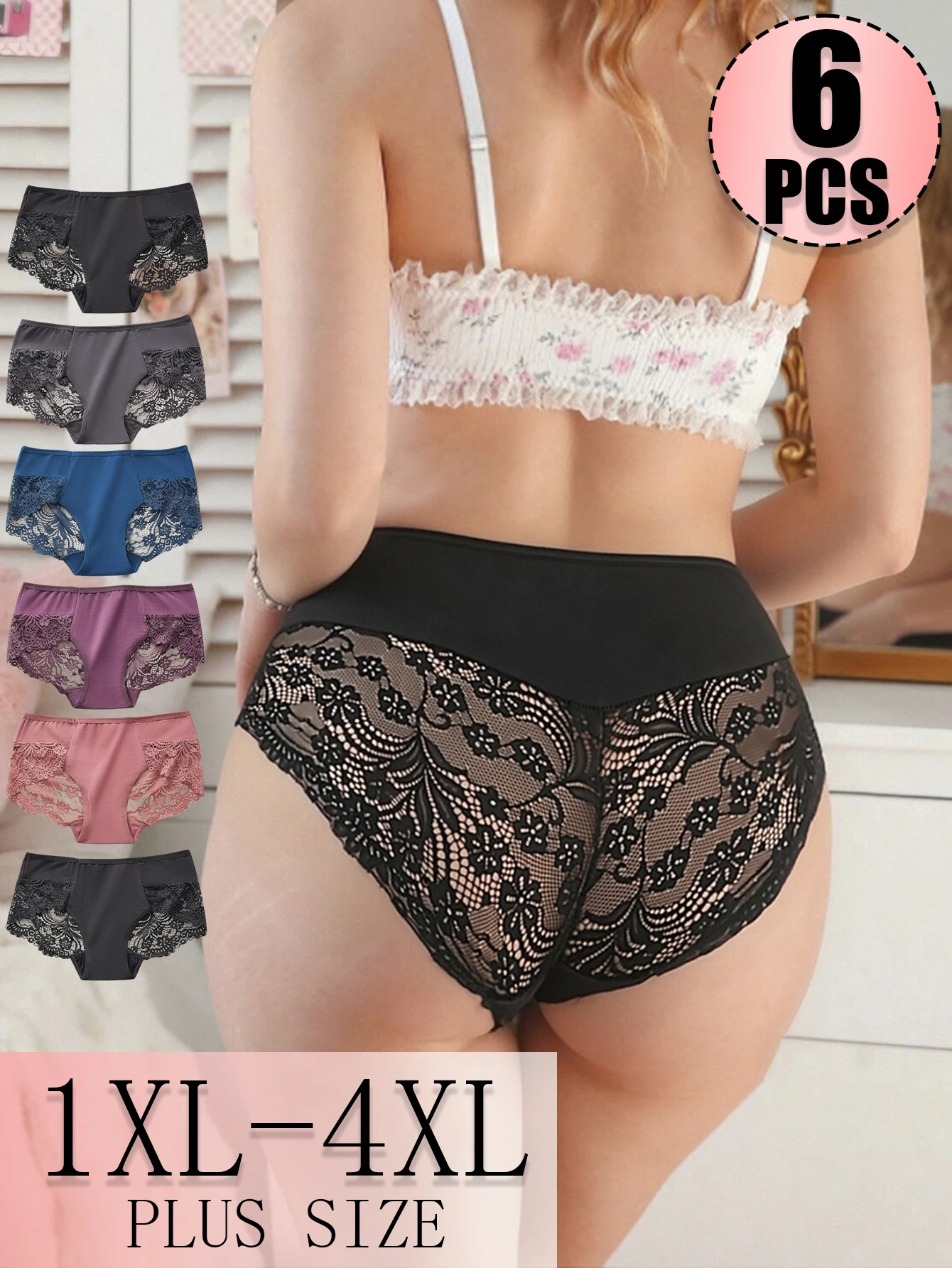 

6PCS Plus Size Elegant Lace Underwear For Women, Semi-transparent And Breathable Plus Size Women's Underwear, High-elasticity Fabric, Skin-friendly, Breathable And Comfortable In Multiple Colors, Fashionable Lace Details