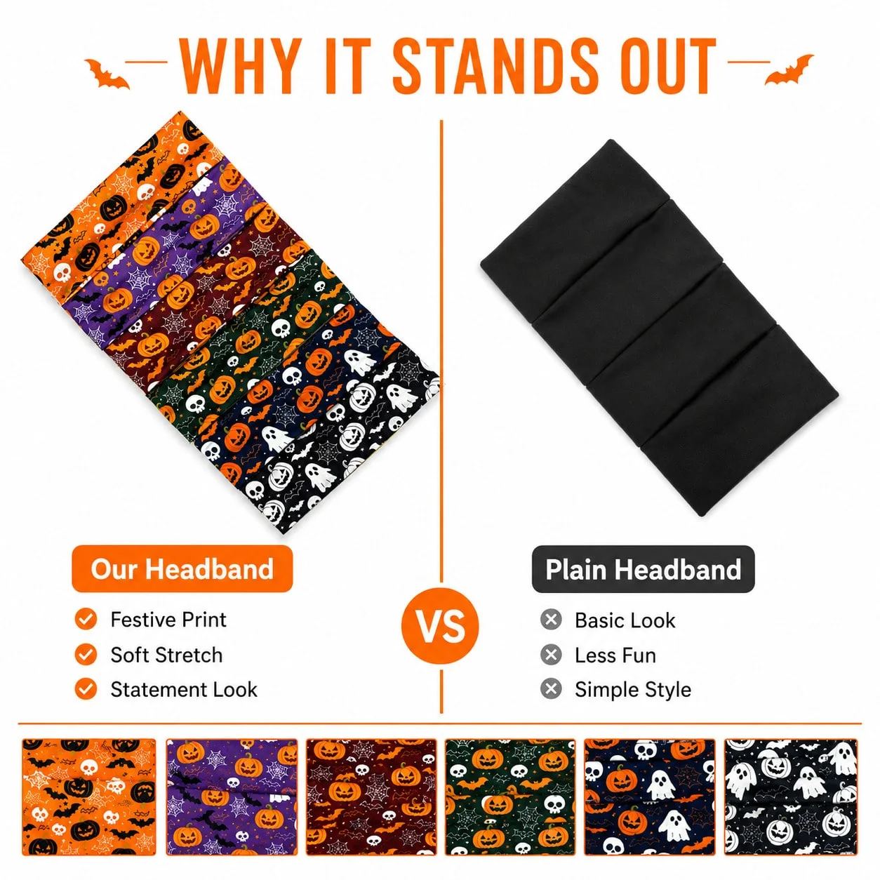 1pc Women's Halloween Headband, Elastic Wide Band Hair Accessory, Printed With Pumpkin, Ghost, Bat, Skull And Spider Web Pattern