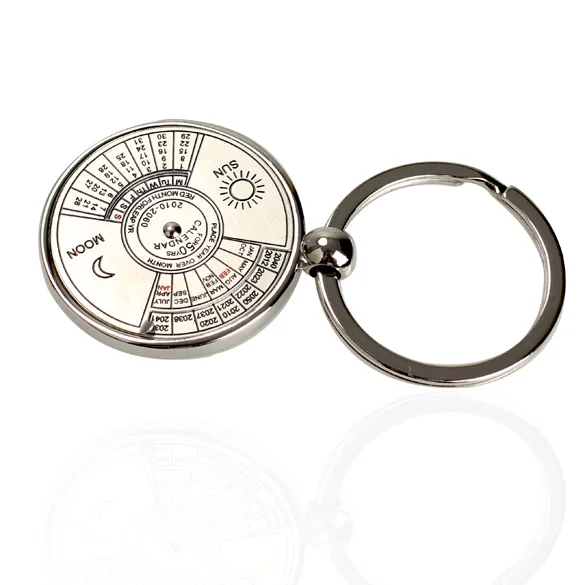 Portable Perpetual Calendar Keychain Ring Unique Metal Keyring 50 Years Calendar Sun Moon Carving Gift