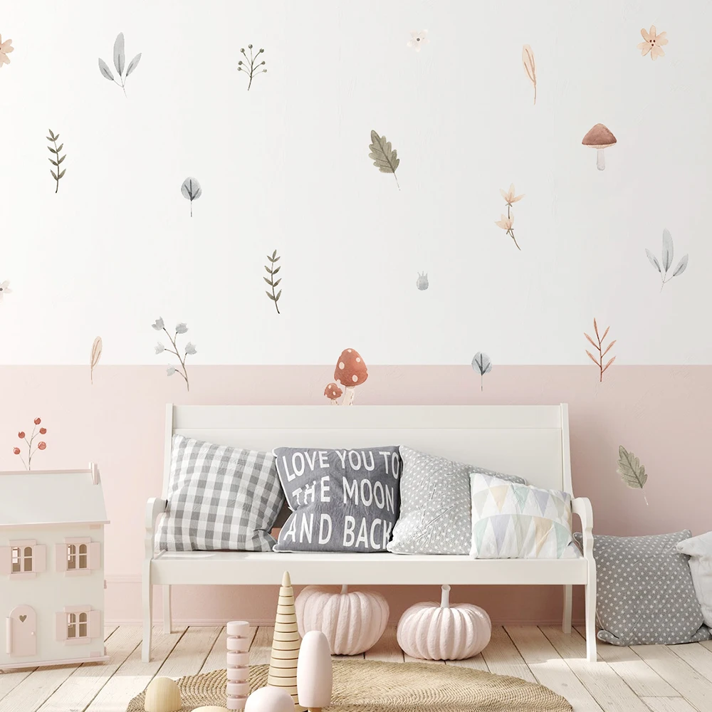 Pegatinas de pared con patrón de flores y hojas de rama de seta de dibujos animados bohemios para habitación de niños, guardería de bebé, decoración del hogar, calcomanías interiores