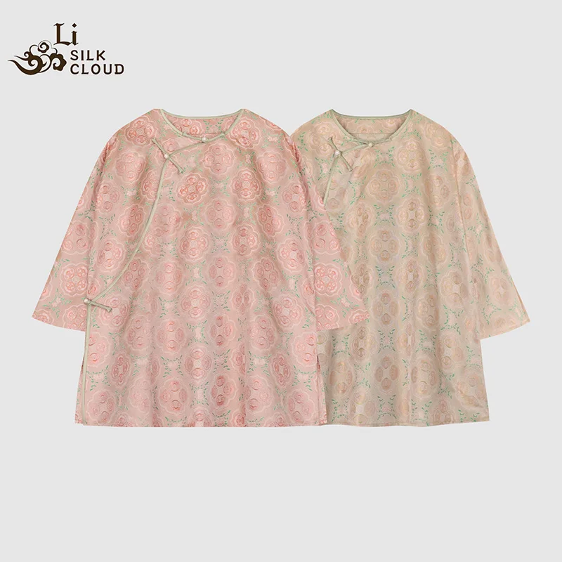 LI SILK CLOUD xiangyunsha Stand-Collar Short Sleeve Top Ancient Style Oriental Patterns Guangdong Black Pearl  Guangdong Gauze