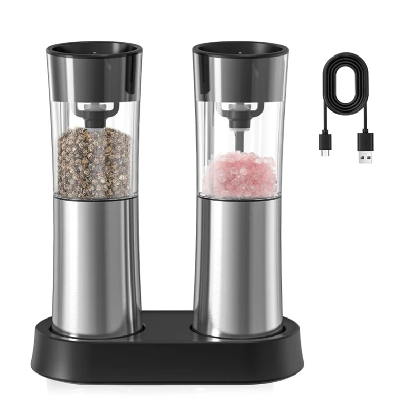 Electric Salt and Pepper Grinder Set Rechargeable Automatic Grinder with Charging Base LED Light, Adjustable Coarseness