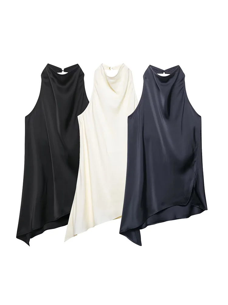 

KUCLUT Women Fashion Beige Backless Pleated Asymmetrical Tops Vintage Halter Neck Sleeveless Female Chic Lady Tops
