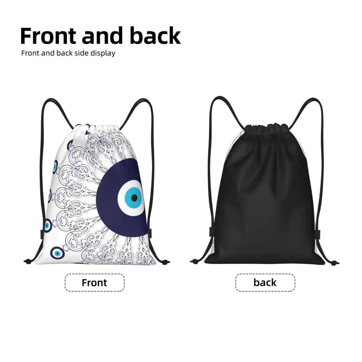 Mochila con cordón para hombre y mujer, bolsa ligera con diseño de Mandala de mal de ojo mediterráneo, color azul marino y blanco, Ideal para deportes, gimnasio y almacenamiento