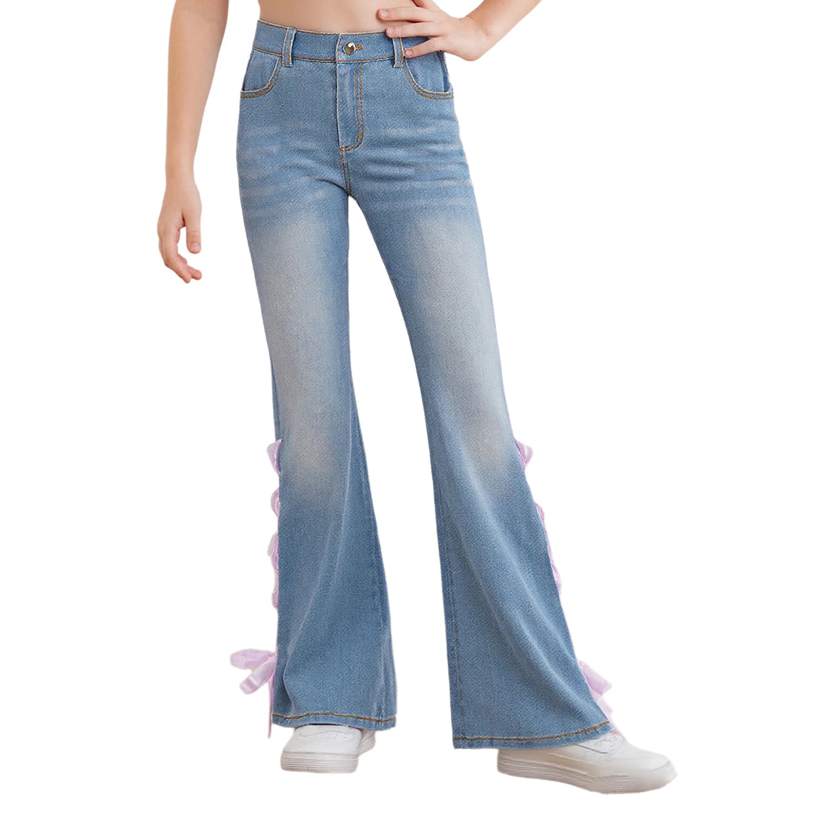 أطفال بنات متوهج الجينز السراويل الجانبين شق الذاتي التعادل مرونة الخصر جرس أسفل الدنيم السراويل مع جيوب ملابس كاجوال بنطلون #2