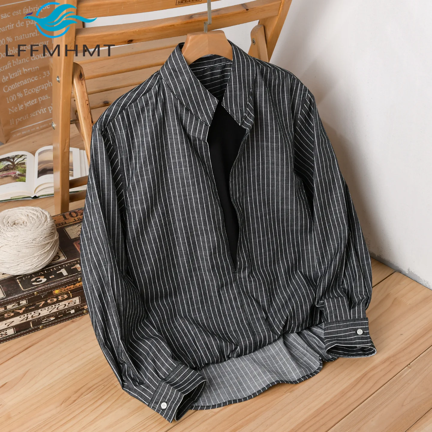 8008 Spring Autumn Fashion Fake Two Pieces Striped Shirt for Men Japan Style Good Quality 100% Cotton Stand Collar Vintage Tops