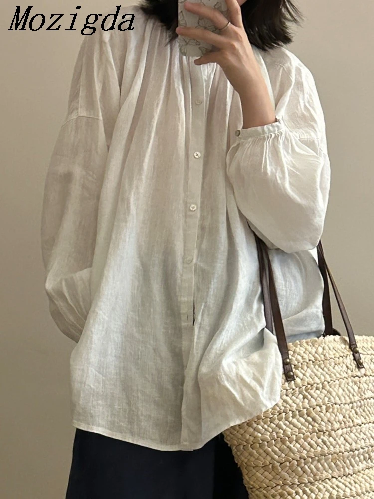 

Spring Summer White Linen Shirt Blouse Women Lazy Luxurious Style Loose Pleated Stand Up Collar Long Sleeved Ladies Tops Shirts