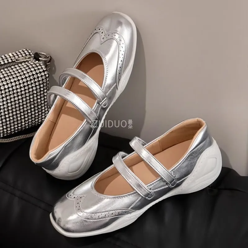 

Silver Thick Heel Heightening Shoes French Vintage Ladies Mary Janes Casual Sports Ballet Single Shoes Women Summer Rubber Sole