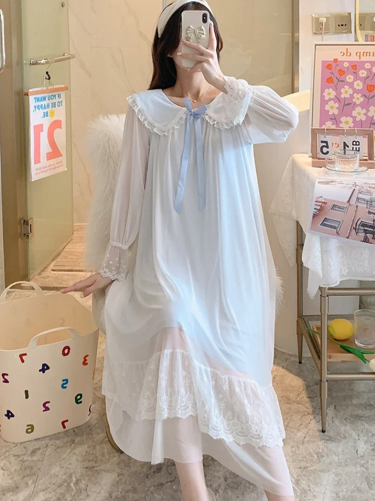 Long Sleeve Nightgowns Women 3 Colors Elegant Baggy Lace Sexy Sleepwear Home Aesthetic French Style All-match Breathable Mujer