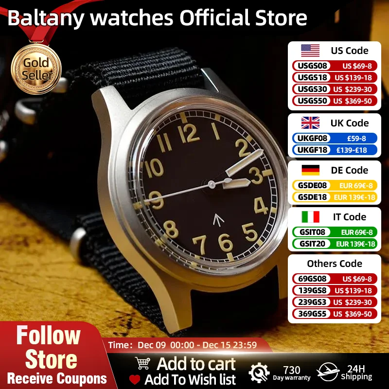 Baltany W10 Military Wristwatch Green Sterile Dial Leather Strap Round 36mm Matte Case NH38 Automatic Retro Wristwatches