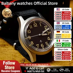 Baltany W10 Military Wristwatch Green Sterile Dial Leather Strap Round 36mm Matte Case NH38 Automatic Retro Wristwatches