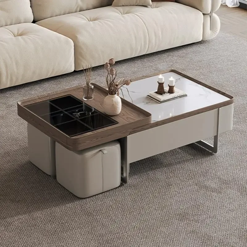 

L1Italian minimalist rock slab coffee table living room household, square telescopic coffee table