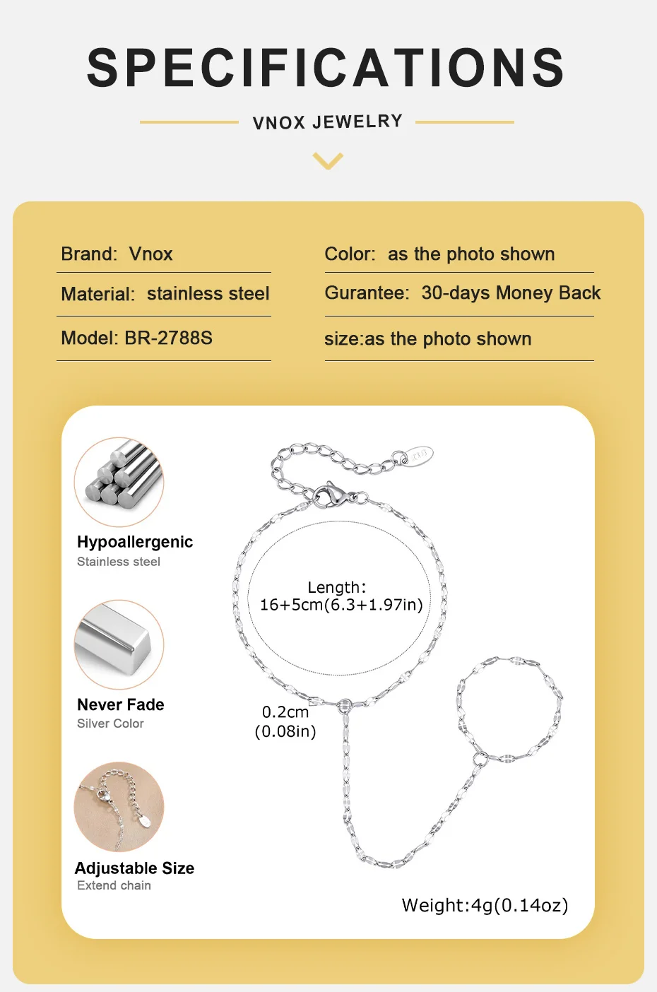 Vnox Minimalistischer Fingerring-Armband für Frauen, Edelstahl-Lippen-Handkette, Doppelschicht-Armband, Alltags- und Party-Schmuck – Detail 4