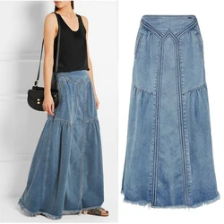Fashion Women Denim Jeans Maxi Denim Skirt Long Skirt Vintage Loose Fit Blue Long High Waist Pocket Front Dropshipping