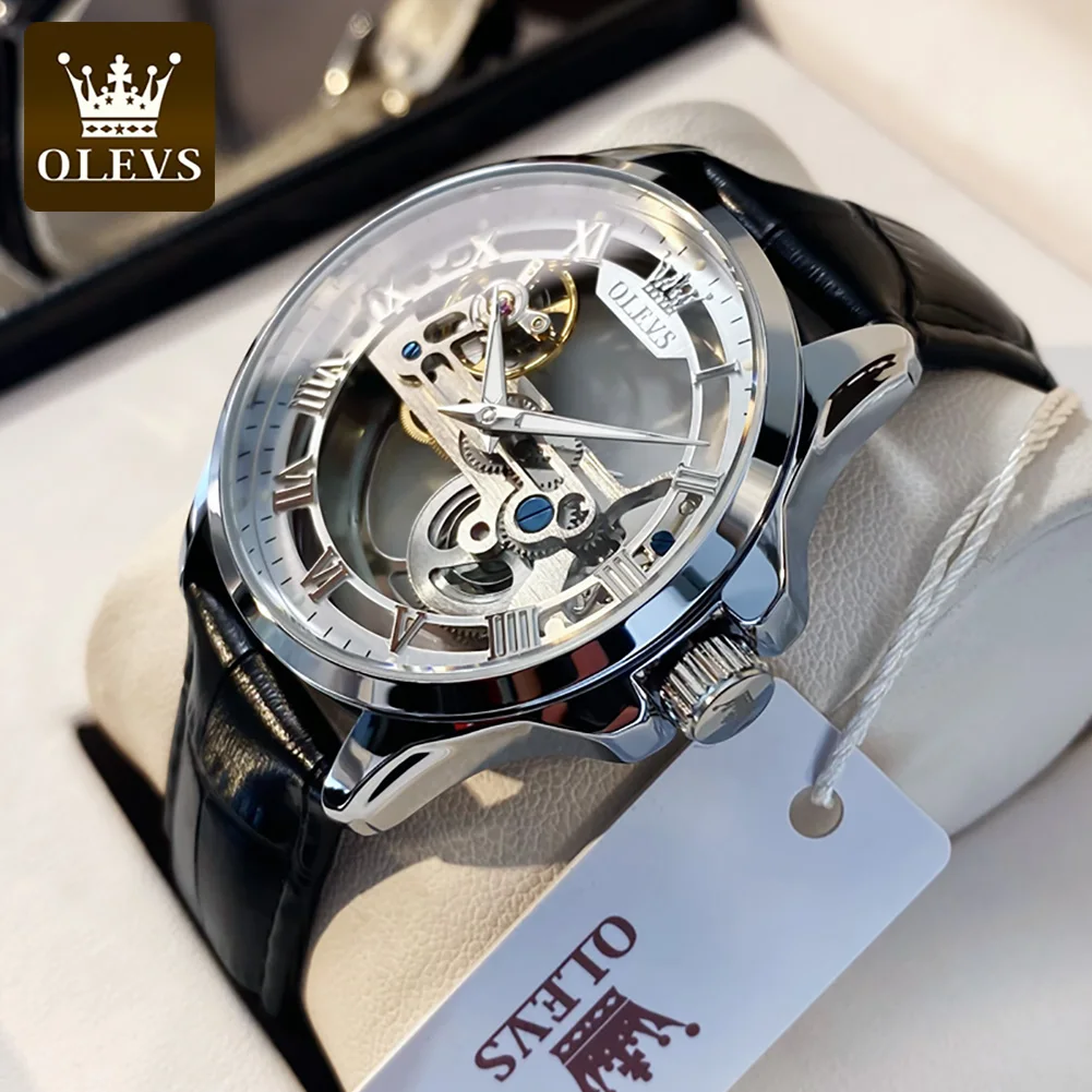 

OLEVS автоматические механические часы-скелетоны для мужчин с кожаным ремешком, светящиеся, водонепроницаемые, роскошные деловые наручные часы для мужчин 6661