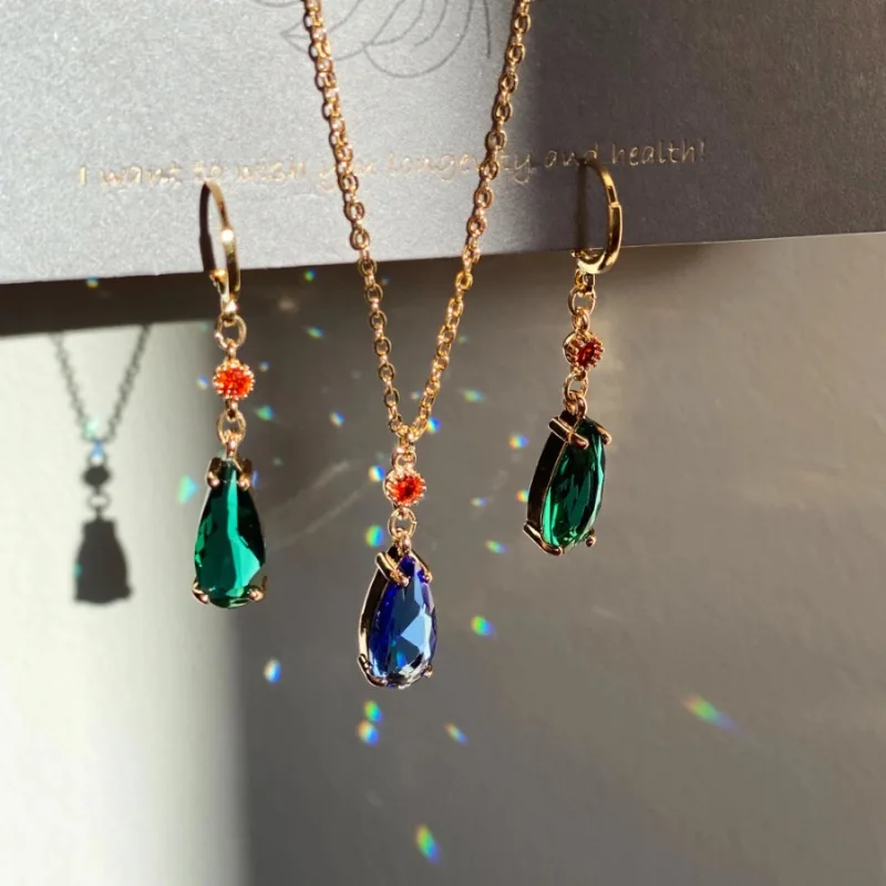 European and American Trendy Green Blue Glass Droplet Pendant Necklace Earrings Women's Creative Fashion Jewelry Gift