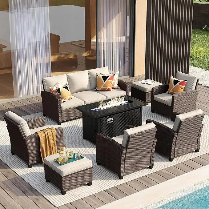 

6/7/8 Pieces Outdoor Furniture Set, Patio Rattan Conversation Sets with Metal Fire Pit Table