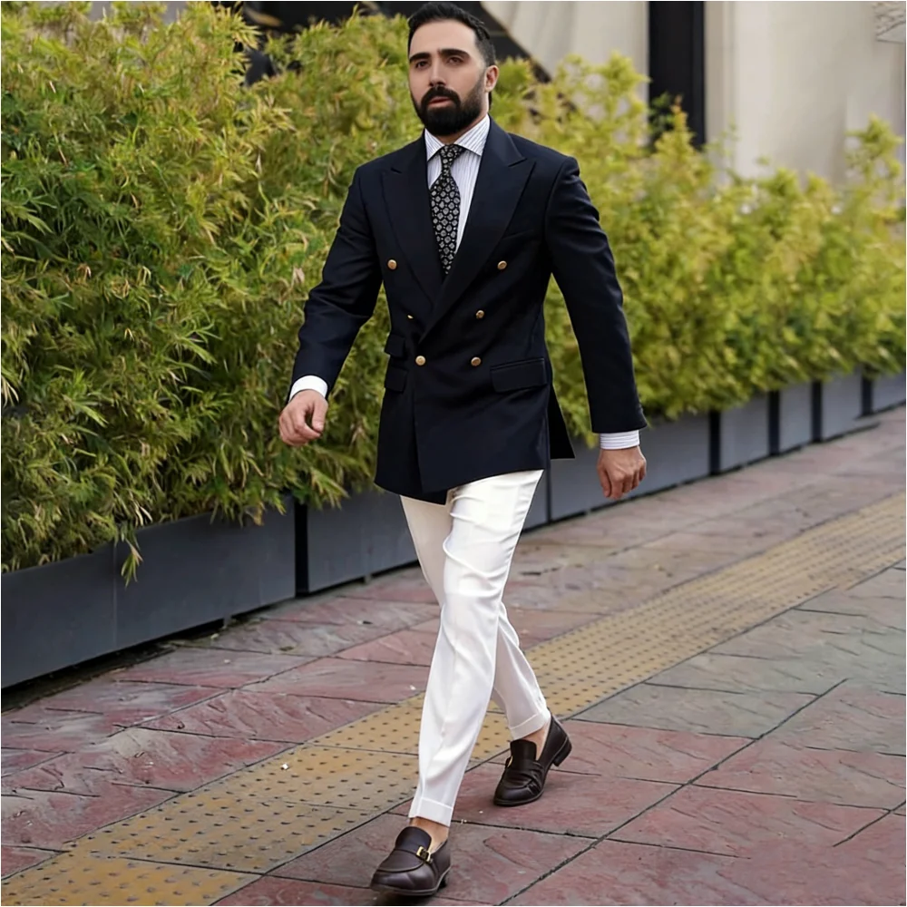 

Suits for Men 2 Pieces Navy Blue Blazer White Pants Double Breasted Peaked Lapel Smart Casual Groom Prom Custom Male Clothing