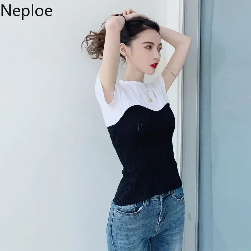 Neploe Slim Waist Patchwork T Shirt Contrast Color Black White Solid Short Sleeve Tee Summer Women Korean Fashion Sexy Top